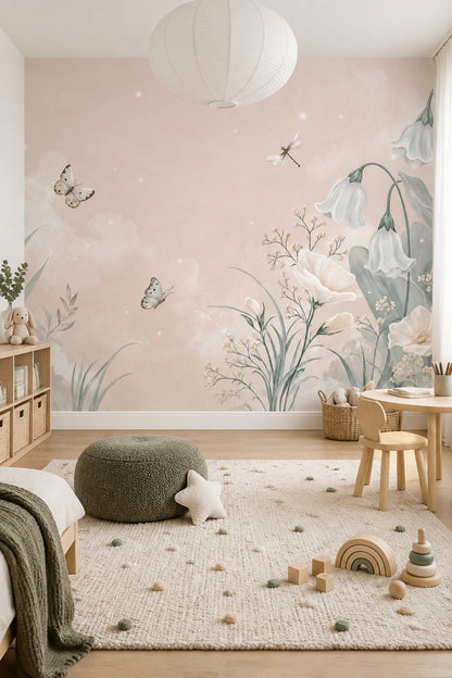 Pastel Çiçekli Poster Duvar Kağıdı Pudra Pembe Çocuk Odası