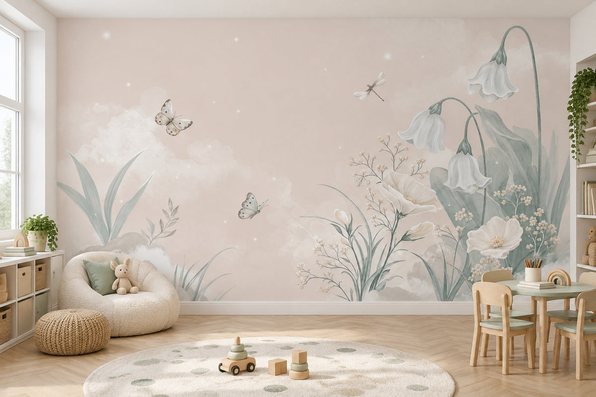 Pastel Çiçekli Poster Duvar Kağıdı Pudra Pembe Çocuk Odası