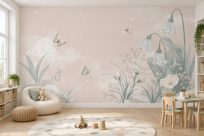 Pastel Çiçekli Poster Duvar Kağıdı Pudra Pembe Çocuk Odası