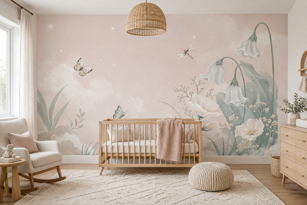 Pastel Çiçekli Poster Duvar Kağıdı Pudra Pembe Çocuk Odası
