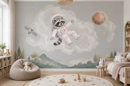 Astronot Rakun Poster Duvar Kağıdı Bulutlu Uzay Bebek Odası