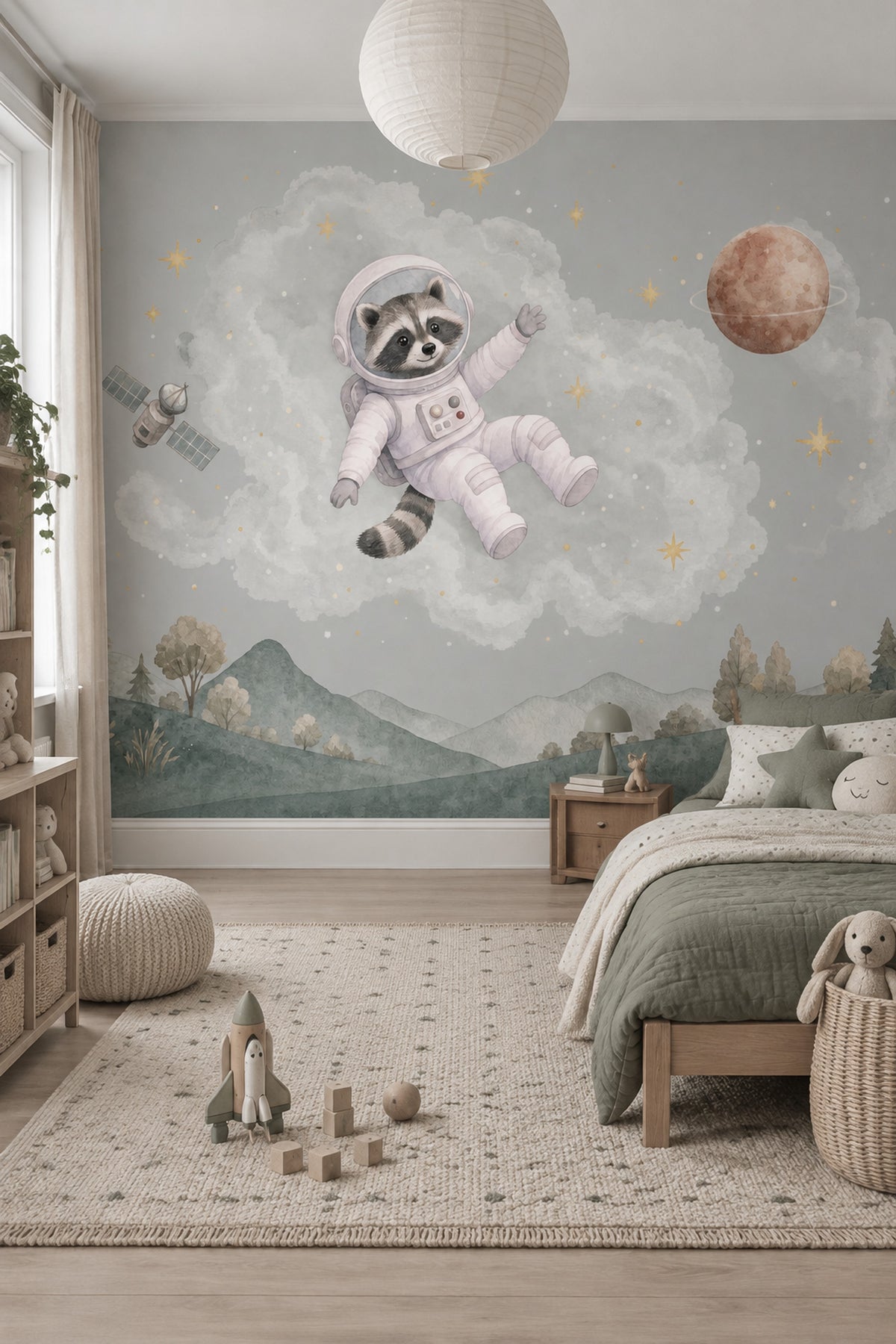 Astronot Rakun Poster Duvar Kağıdı Bulutlu Uzay Bebek Odası