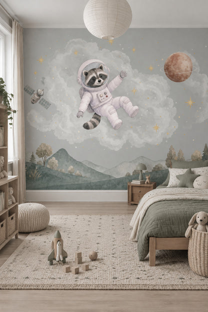 Astronot Rakun Poster Duvar Kağıdı Bulutlu Uzay Bebek Odası