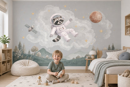 Astronot Rakun Poster Duvar Kağıdı Bulutlu Uzay Bebek Odası