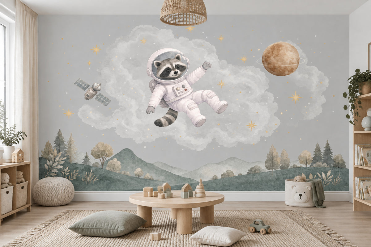 Astronot Rakun Poster Duvar Kağıdı Bulutlu Uzay Bebek Odası