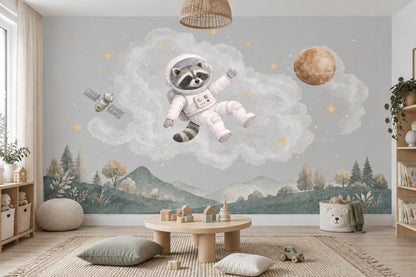 Astronot Rakun Poster Duvar Kağıdı Bulutlu Uzay Bebek Odası