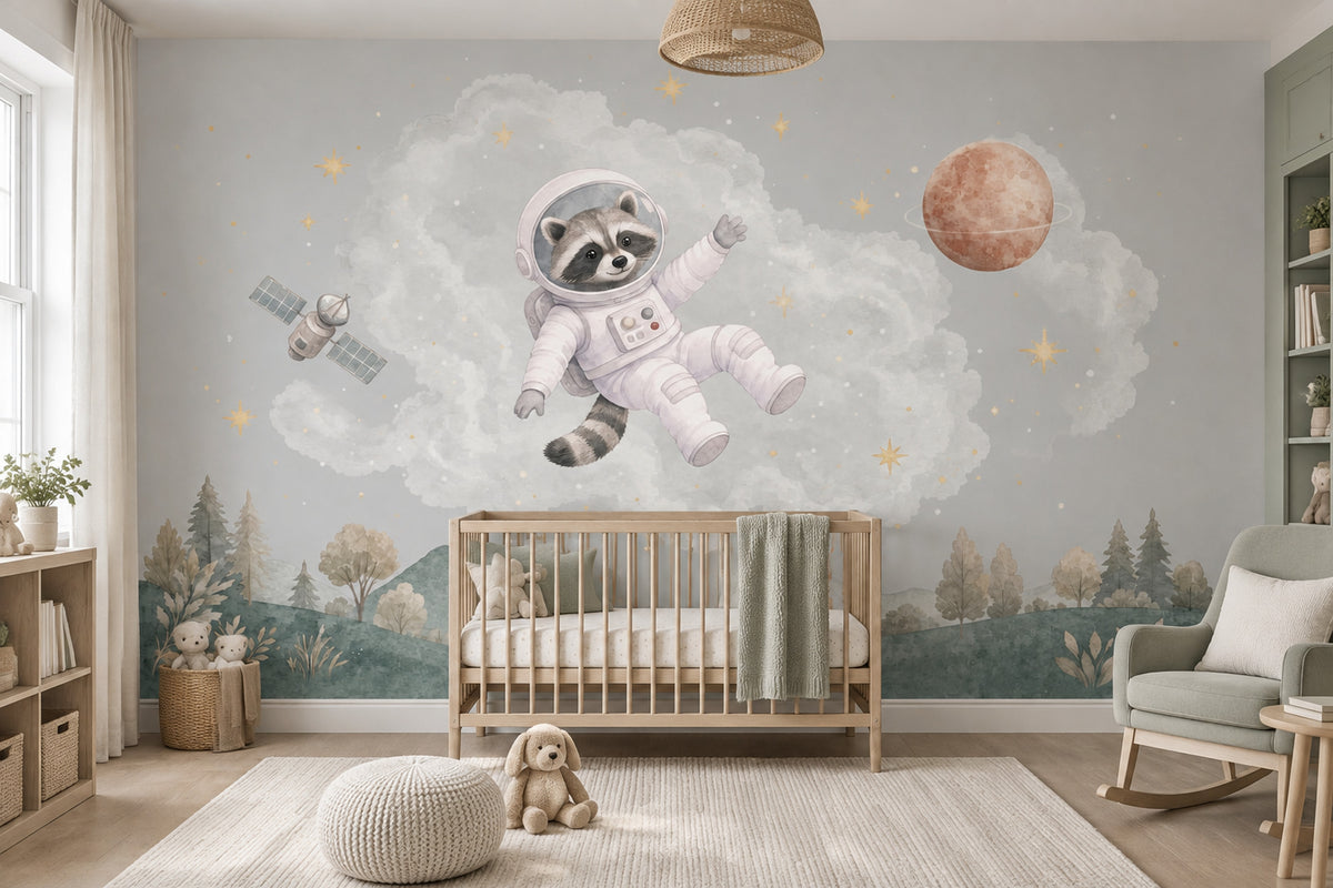 Astronot Rakun Poster Duvar Kağıdı Bulutlu Uzay Bebek Odası