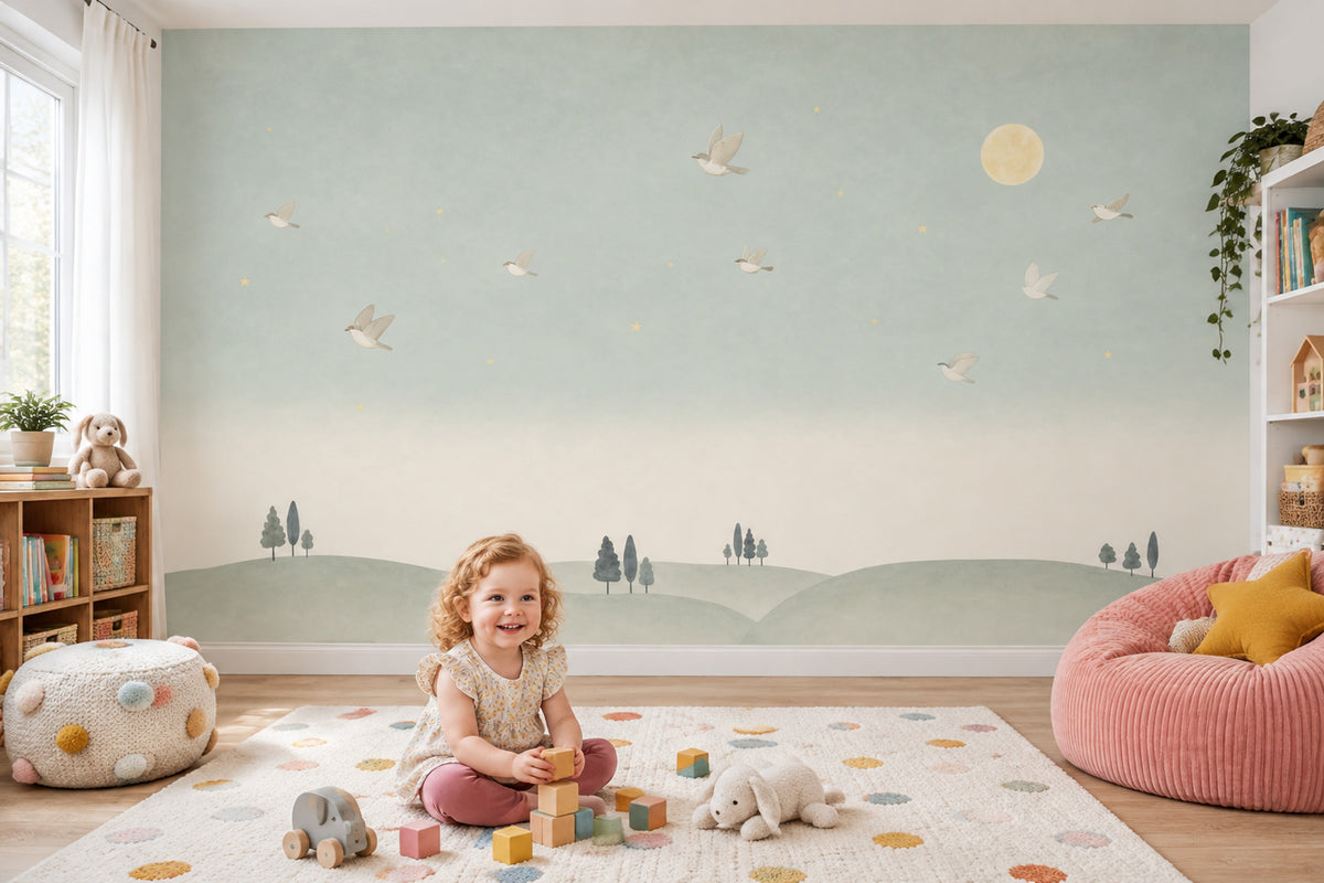 Ay ve Uçan Kuşlu Poster Duvar Kağıdı Yeşil Bebek Odası