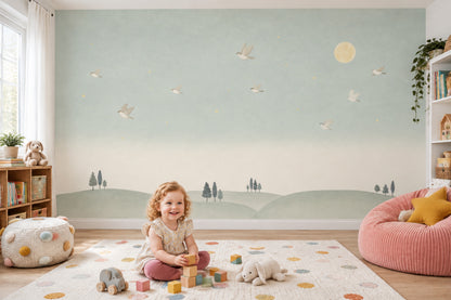Ay ve Uçan Kuşlu Poster Duvar Kağıdı Yeşil Bebek Odası