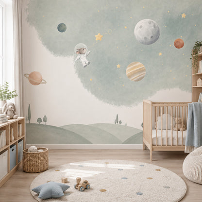 Astronot Tavşan Uzay Poster Duvar Kağıdı Mint Yeşil Bebek Odası