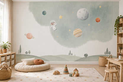 Astronot Tavşan Uzay Poster Duvar Kağıdı Mint Yeşil Bebek Odası