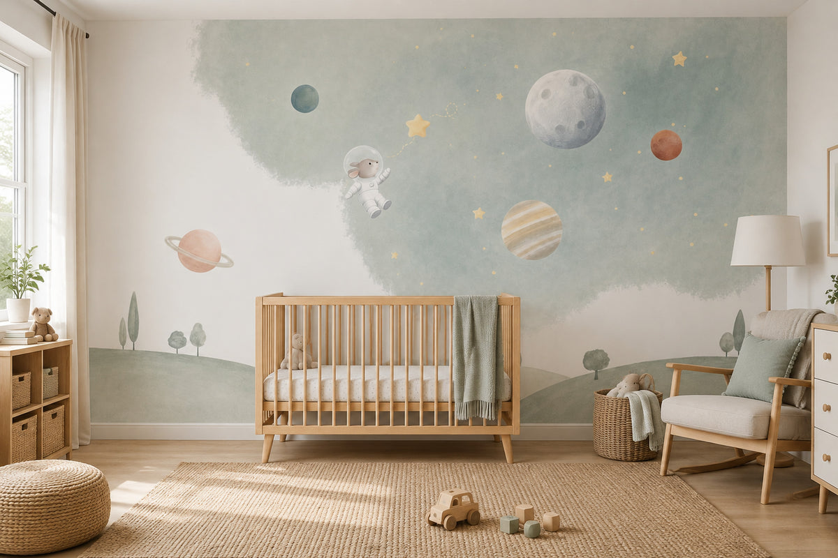 Astronot Tavşan Uzay Poster Duvar Kağıdı Mint Yeşil Bebek Odası