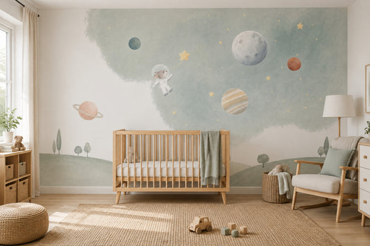 Astronot Tavşan Uzay Poster Duvar Kağıdı Mint Yeşil Bebek Odası