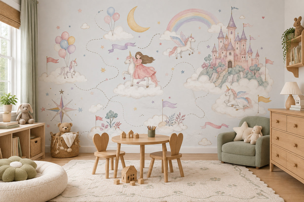 Unicornlu Masal Poster Duvar Kağıdı Pastel Çocuk Odası