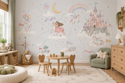 Unicornlu Masal Poster Duvar Kağıdı Pastel Çocuk Odası