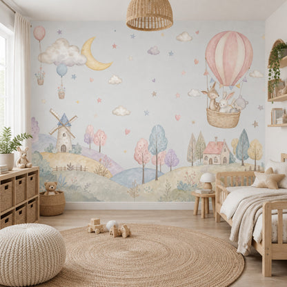 Balonlu Orman Temalı Poster Duvar Kağıdı Pastel Çocuk Odası