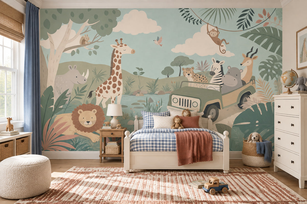 Safari Hayvanlı Poster Duvar Kağıdı Yeşil Bebek Odası