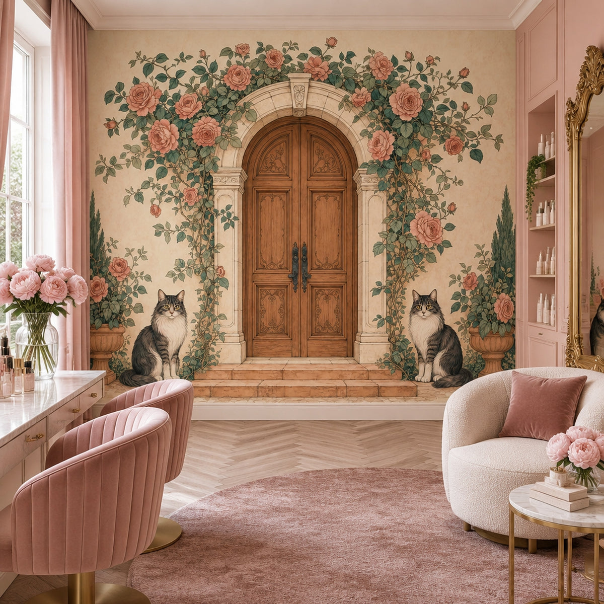 Güllü Kemer Kapı Poster Duvar Kağıdı Pembe Yeşil Salon