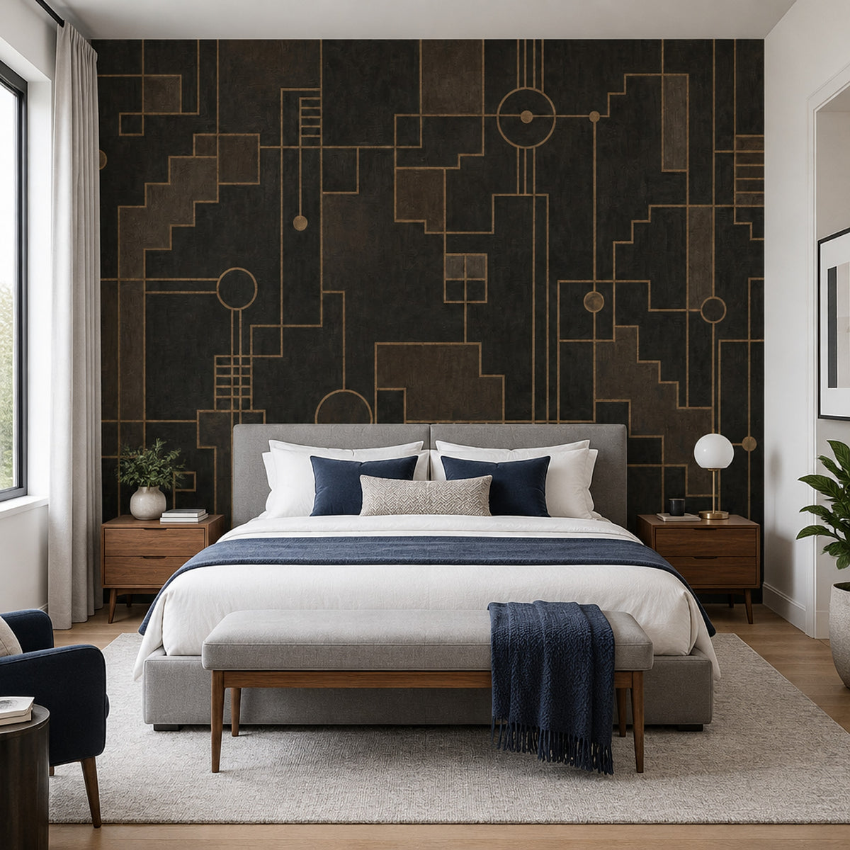 Altın Çizgili Geometrik Poster Duvar Kağıdı Siyah Salon