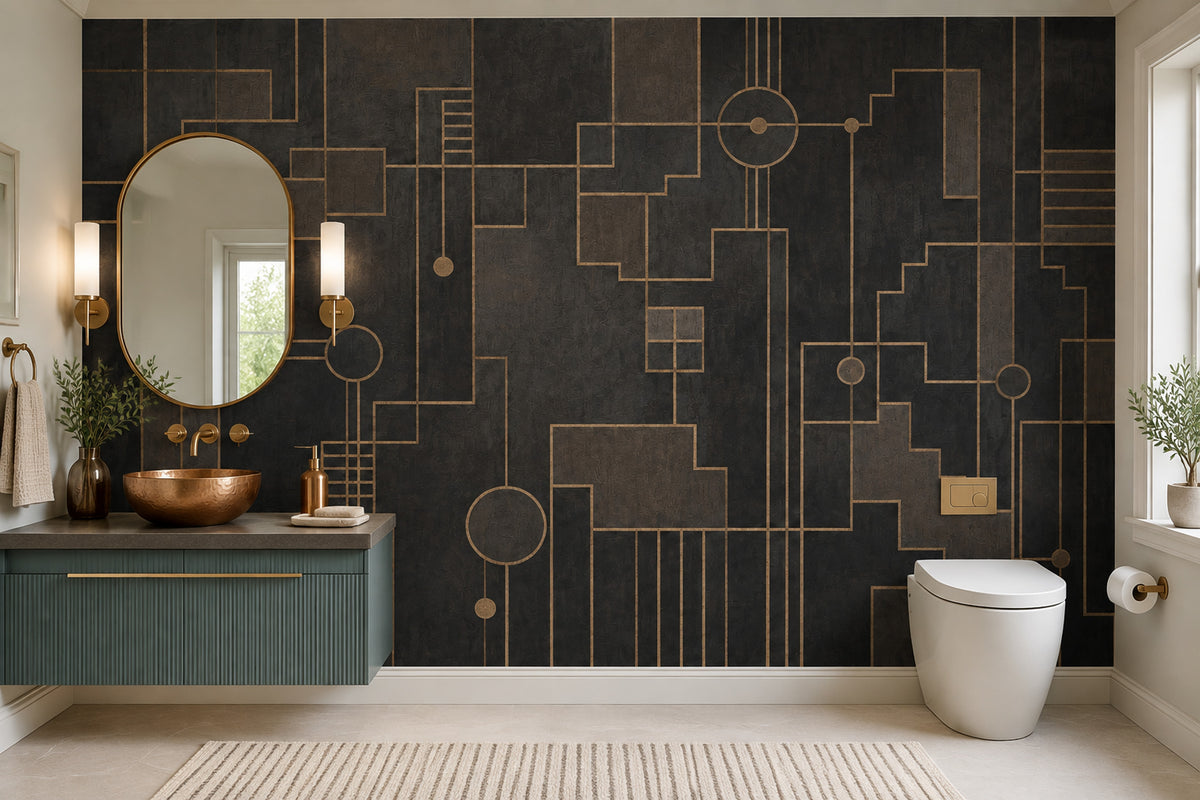 Altın Çizgili Geometrik Poster Duvar Kağıdı Siyah Salon