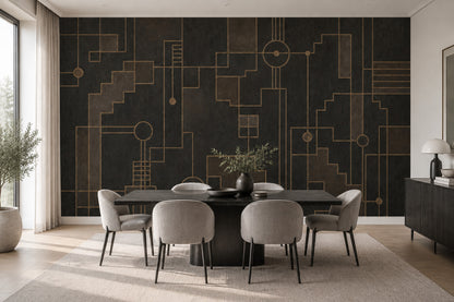 Altın Çizgili Geometrik Poster Duvar Kağıdı Siyah Salon