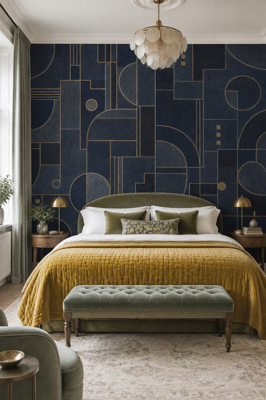 Geometrik Çizgili Poster Duvar Kağıdı Lacivert Gold Desen