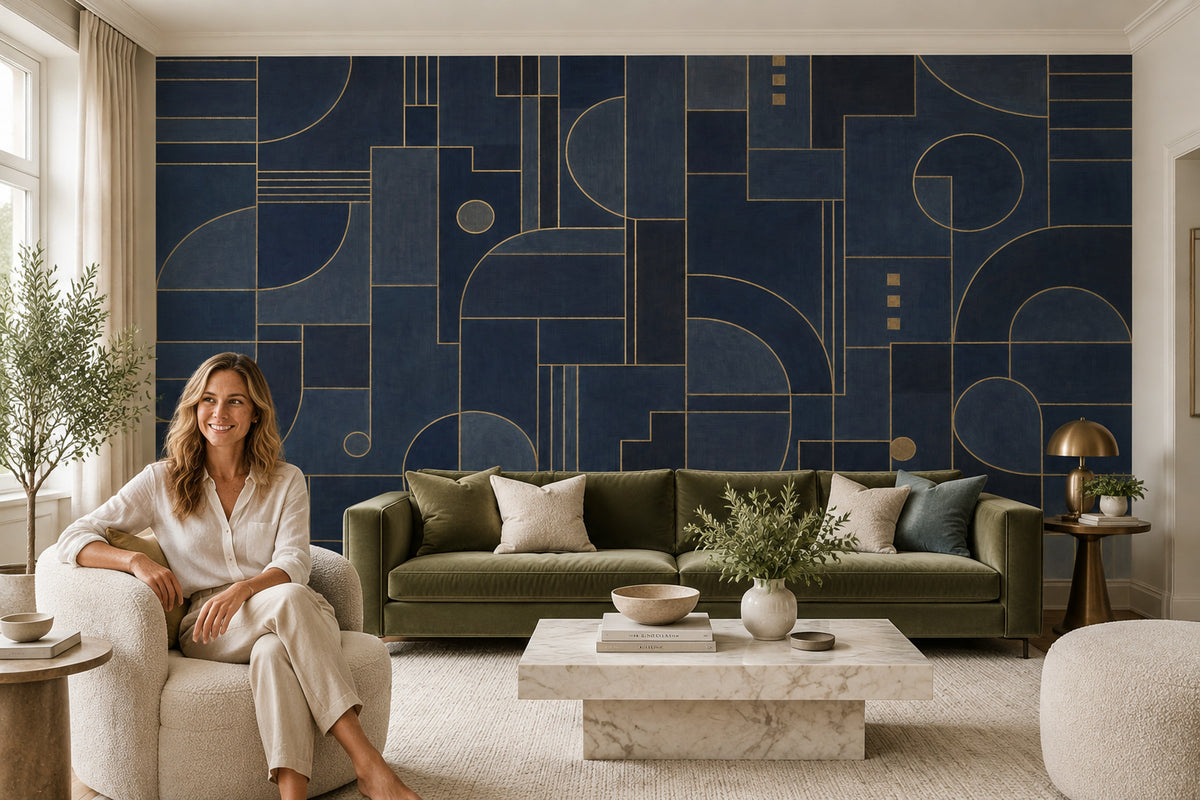 Geometrik Çizgili Poster Duvar Kağıdı Lacivert Gold Desen