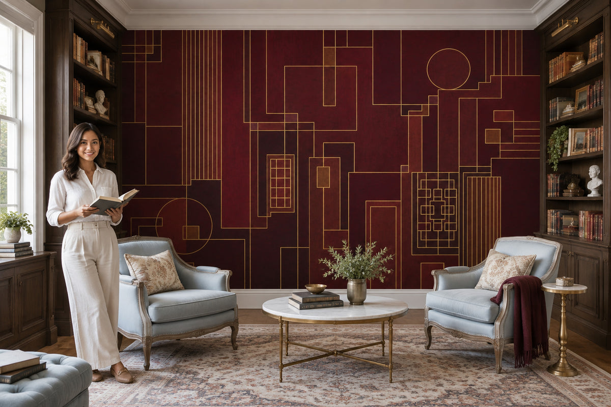 Bordo Geometrik Çizgili Poster Duvar Kağıdı Altın Detaylı Yatak Odası