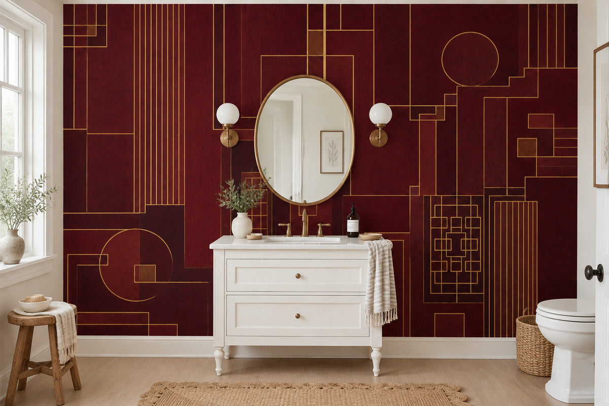 Bordo Geometrik Çizgili Poster Duvar Kağıdı Altın Detaylı Yatak Odası