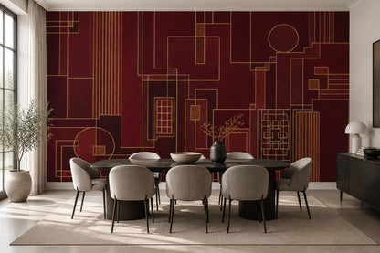 Bordo Geometrik Çizgili Poster Duvar Kağıdı Altın Detaylı Yatak Odası