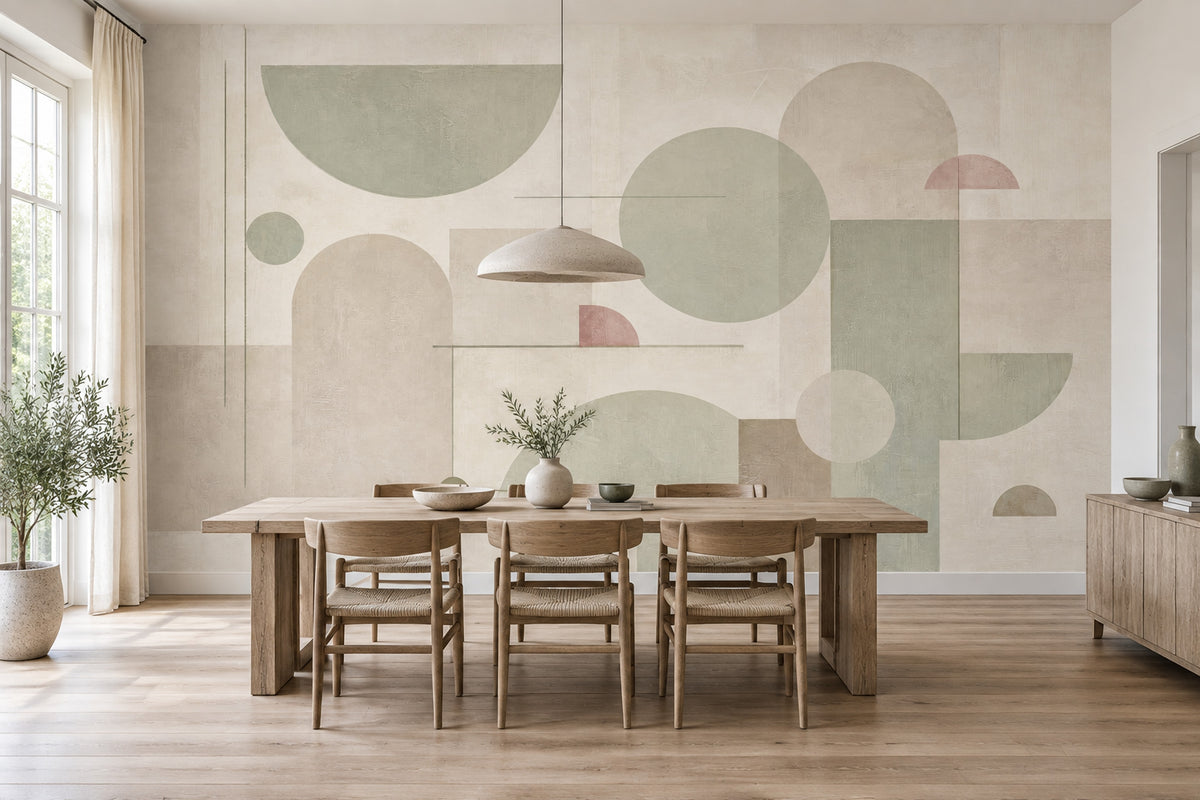 Soyut Geometrik Poster Duvar Kağıdı Bej Yeşil Daire Desenli