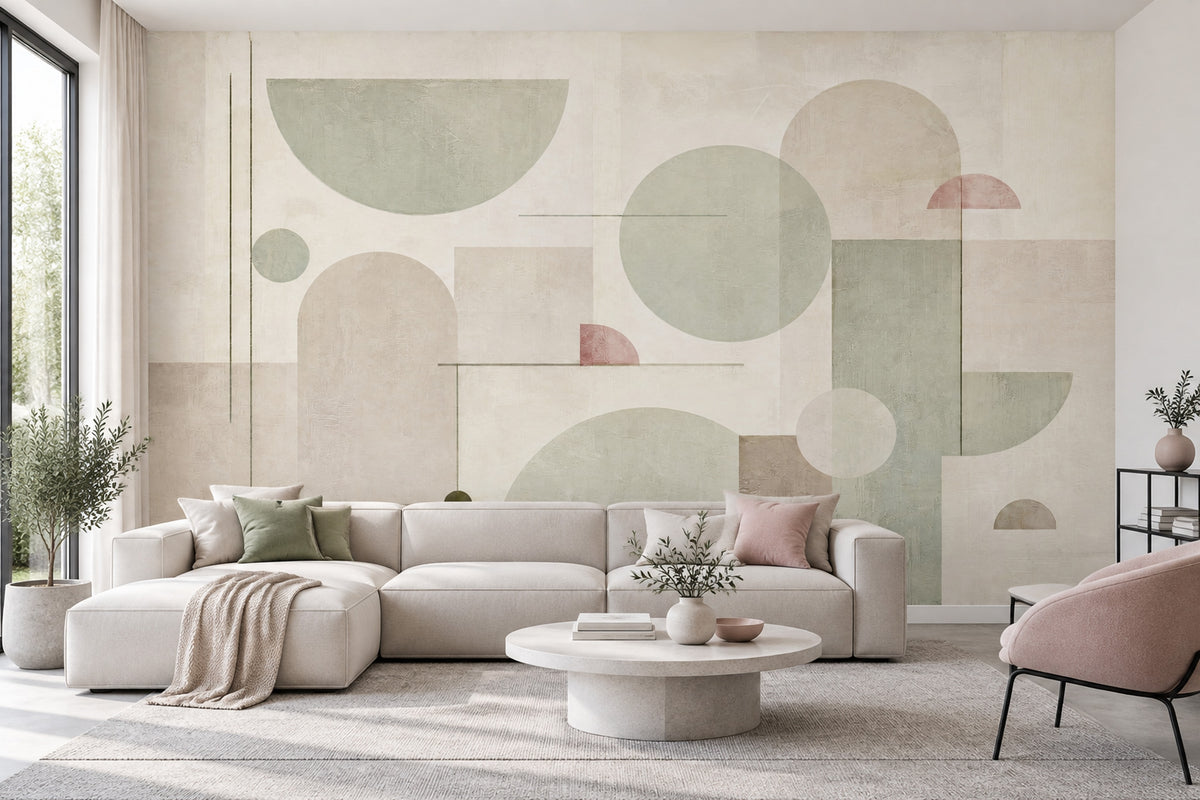 Soyut Geometrik Poster Duvar Kağıdı Bej Yeşil Daire Desenli