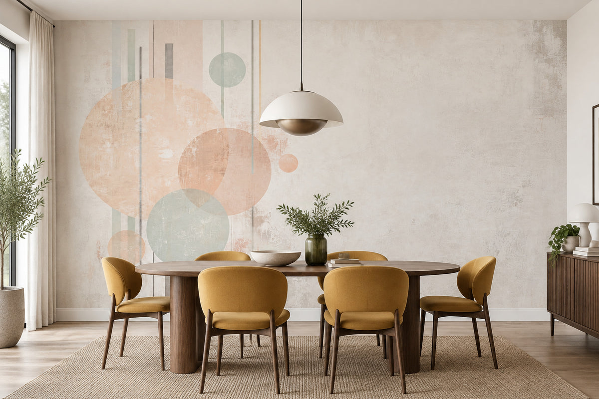 Pastel Geometrik Daireli Poster Duvar Kağıdı Bej Yatak Odası