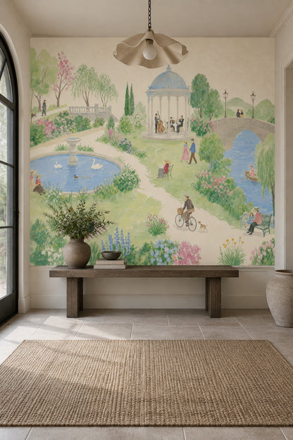 Nostaljik Park Manzaralı Poster Duvar Kağıdı Pastel Yeşil Yatak Odası