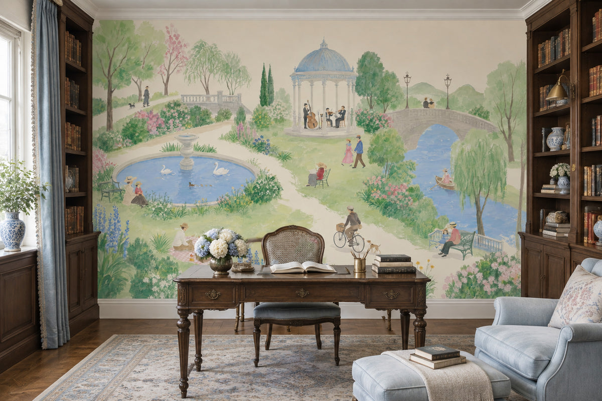 Nostaljik Park Manzaralı Poster Duvar Kağıdı Pastel Yeşil Yatak Odası