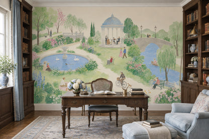 Nostaljik Park Manzaralı Poster Duvar Kağıdı Pastel Yeşil Yatak Odası