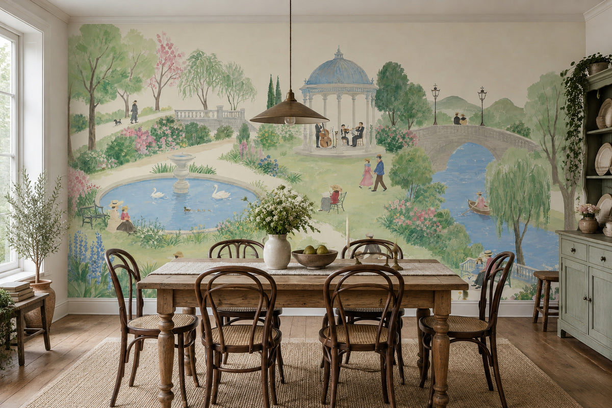 Nostaljik Park Manzaralı Poster Duvar Kağıdı Pastel Yeşil Yatak Odası