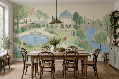 Nostaljik Park Manzaralı Poster Duvar Kağıdı Pastel Yeşil Yatak Odası