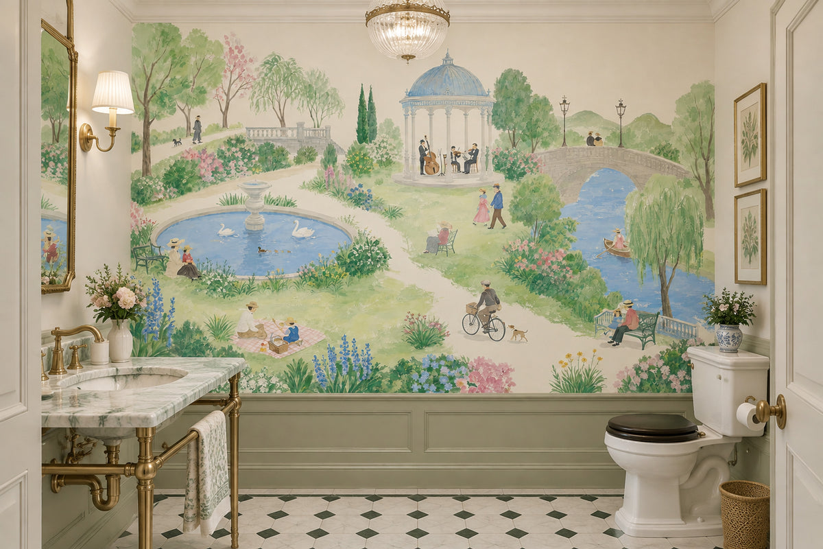 Nostaljik Park Manzaralı Poster Duvar Kağıdı Pastel Yeşil Yatak Odası
