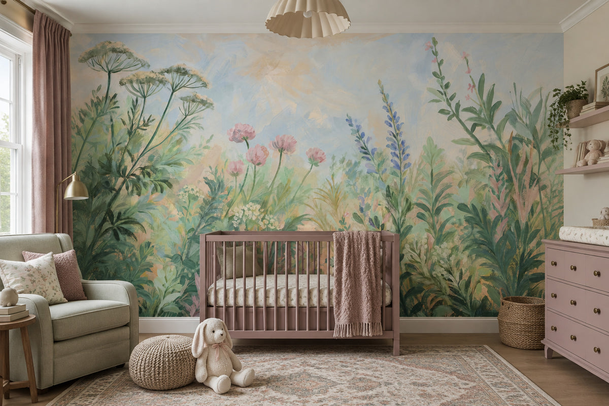 Sulu Boya Çiçek Bahçesi Poster Duvar Kağıdı Pastel Yeşil