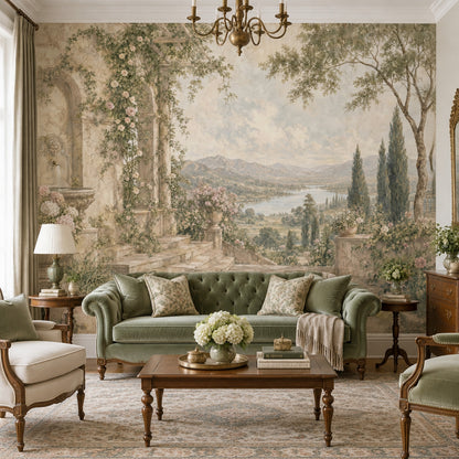 Klasik Bahçe Manzaralı Poster Duvar Kağıdı Bej Yeşil Salon