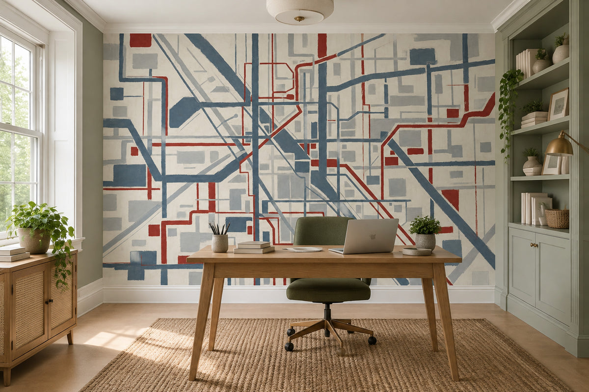 Soyut Çizgili Poster Duvar Kağıdı Mavi Kırmızı Geometrik Salon