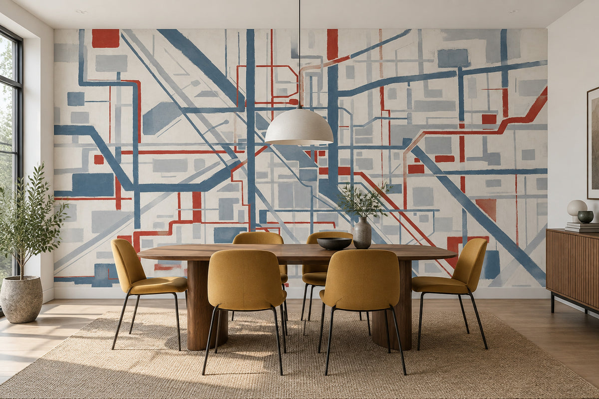 Soyut Çizgili Poster Duvar Kağıdı Mavi Kırmızı Geometrik Salon