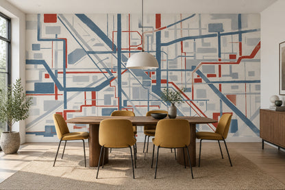 Soyut Çizgili Poster Duvar Kağıdı Mavi Kırmızı Geometrik Salon