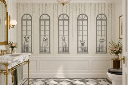 Pencere ve Köpek İllüstrasyonlu Poster Duvar Kağıdı Gri Salon