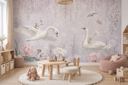 Kuğulu ve Fareli Poster Duvar Kağıdı Pastel Çocuk Odası