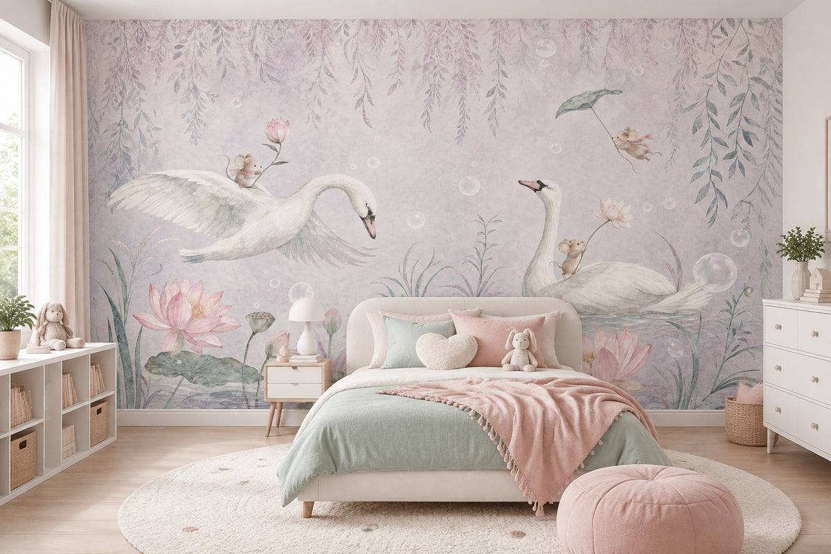 Kuğulu ve Fareli Poster Duvar Kağıdı Pastel Çocuk Odası