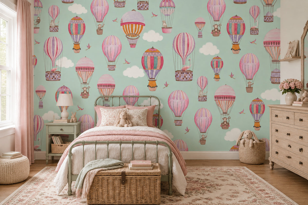 Balon ve Bulutlu Poster Duvar Kağıdı Mint Yeşil Çocuk Odası