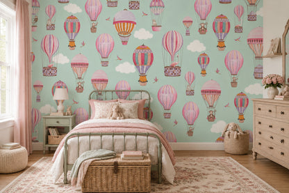 Balon ve Bulutlu Poster Duvar Kağıdı Mint Yeşil Çocuk Odası