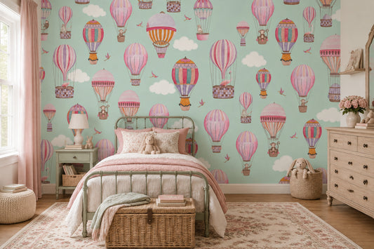 Balon ve Bulutlu Poster Duvar Kağıdı Mint Yeşil Çocuk Odası